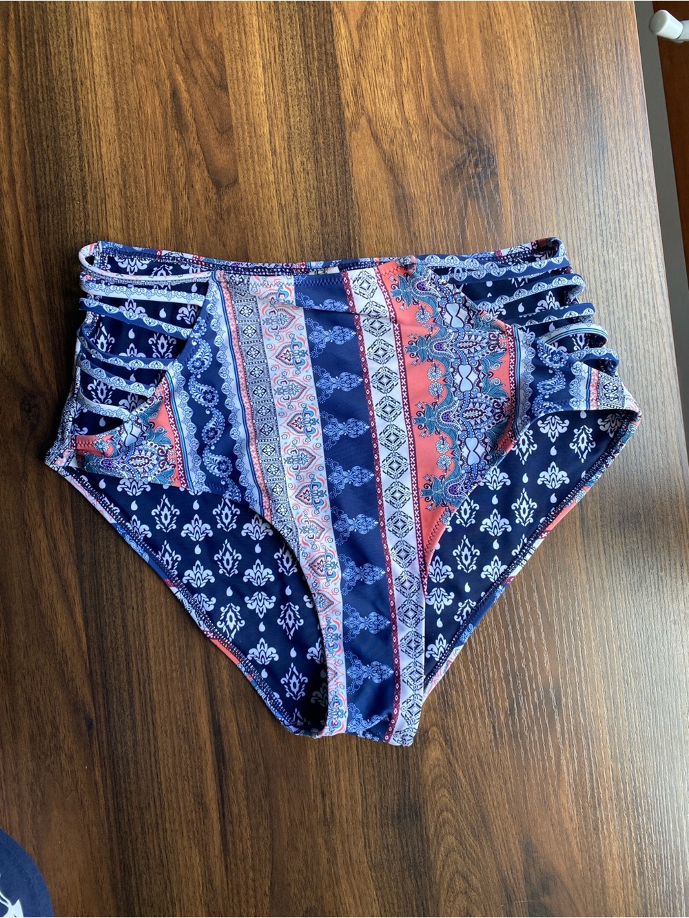 Cupshe Navy Blue and Coral High-Waist Cutout Bikini Bottom